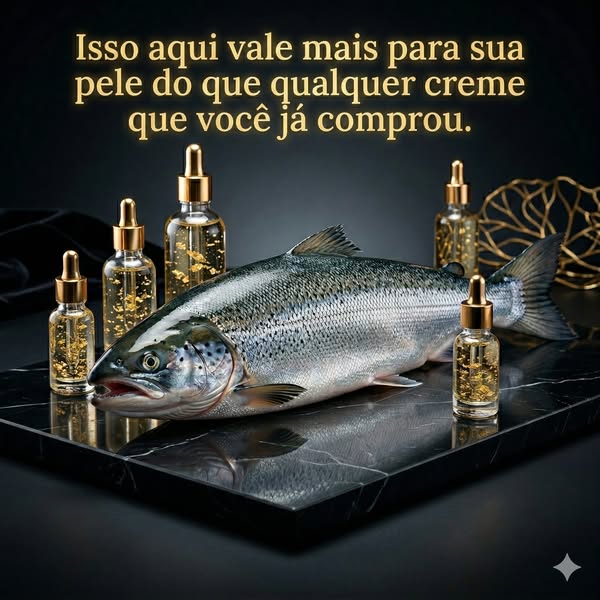 Salmão com frascos de sérum em mármore escuro