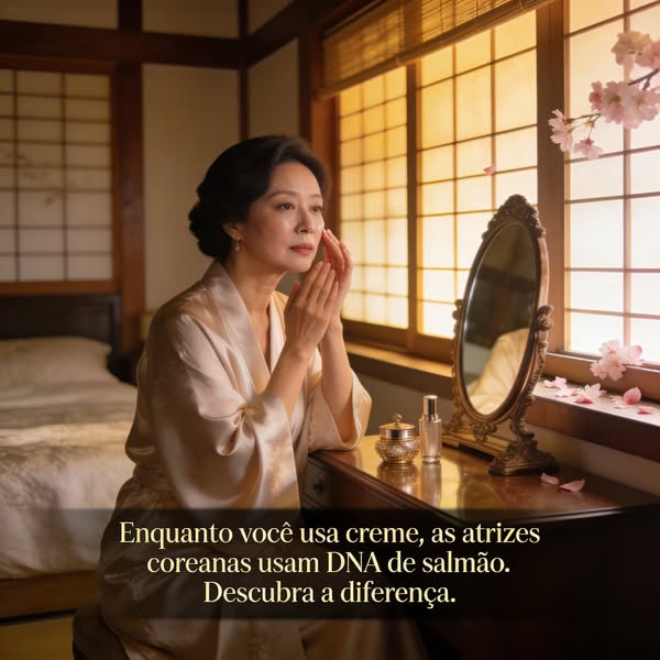 Mulher coreana aplicando sérum facial diante do espelho